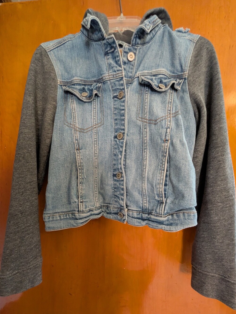 Hollister Blue Distressed Hooded Jean Jacket With Fabric Sleeves. Sz. L